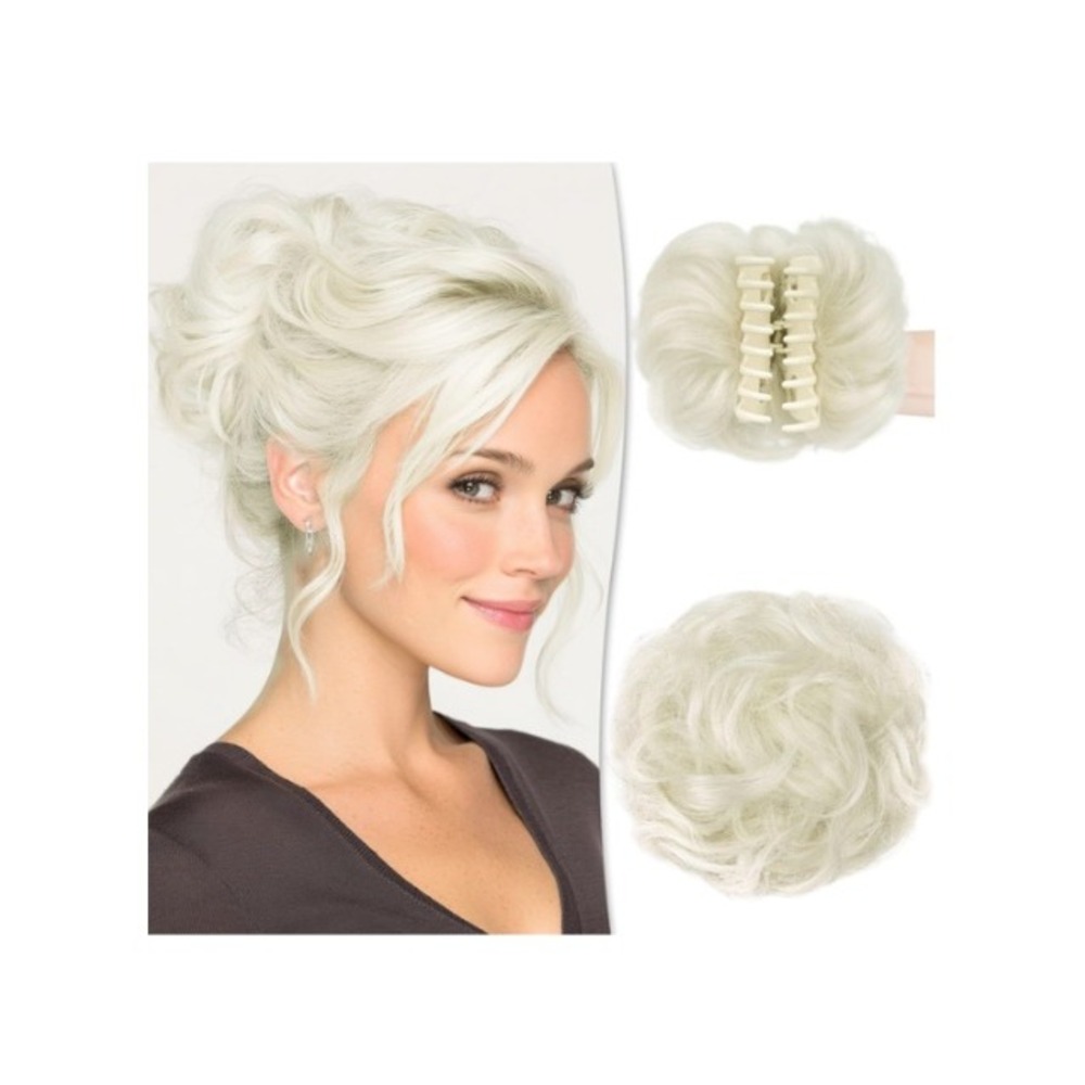 Platinum Blonde Human Hair Claw Clip Messy Bun Extension Wavy Chignon 62#
